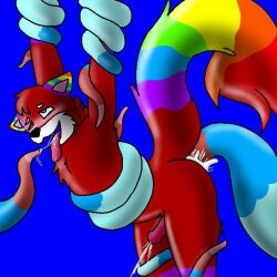 anthro bodily_fluids canid canine canis cum fur genital_fluids male male/male mammal penetration rainbow red_body red_fur solo tentacle tentacle_penetration tentacle_sex wolf