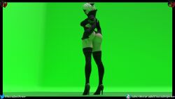 1girls 3d android android_girl ass ass_focus ass_shot back back_view big_ass black_boots black_gloves black_legwear black_stockings blindfold boots bubble_ass bubble_butt clothing curvy curvy_figure female female_only green_background huge_ass mole_under_mouth nier nier:_automata solo solo_female thick_thighs white_hair yorha_2b