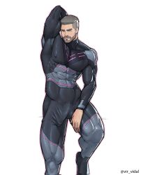 arm_behind_head big_bulge bodysuit boner bulge clothed erection erection_under_clothes huge_bulge looking_at_viewer male male_only muscles muscular muscular_male pokemon pokemon_sv professor_turo solo solo_male vir_vidal