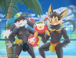 abs beach blush bulge canid canine canis clothing detailed_bulge domestic_cat duo eyewear felid feline felis goggles grin guntz hair hat headgear headwear hi_res klonoa klonoa_(series) long_ears male male/male mammal moo_(klonoa) muscular muscular_male net nipples palm_tree pecs plant ponytail s-o-husky sea seaside smile speedo swimwear tree video_games water wolf