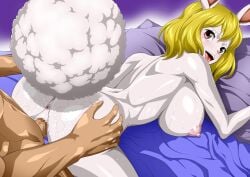 1boy 1boy1girl 1girls anus ass asshole big_breasts blonde_hair blush bunny_ears bunny_girl carrot_(one_piece) censored censored_penis cum doggy_style female female_focus looking_at_viewer looking_back male mosaic_censoring nel-zel_formula nipples on_bed one_piece open_mouth rabbit_ears rabbit_humanoid red_eyes sweat sweating teen teenage_girl teenager tongue_out unseen_male_face vaginal_penetration white_body