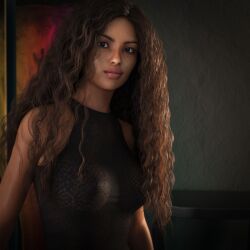 1girls 2022 3d brown_hair clothed clothing curly_hair dark-skinned_female dark_skin digitaldemise female female_only large_breasts long_hair looking_at_viewer see-through see-through_clothing slushe_(website) solo solo_female wavy_hair