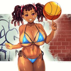 1girls ayukawa_miyuki ball basketball basketball_(ball) basquash! belly belly_button big_breasts bikini black_hair dark-skinned_female dark_skin dreadlocks female female_focus female_only huge_breasts keigi_(artist) large_breasts looking_at_viewer micro_bikini navel navel_piercing solo solo_female solo_focus thick_thighs twintails voluptuous wide_hips young younger_female