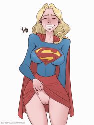 1girls blonde_hair cape closed_eyes clothed dc dc_comics female female_only flashing flashing_pussy grin kara_danvers kara_zor-el large_breasts long_hair mostly_clothed no_panties no_panties_under_skirt presenting_pussy pussy red_cape showing_pussy skirt skirt_lift smile smiling solo supergirl superheroine toksie