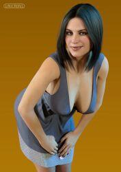 1girls 2022 3d bent_over black_hair cleavage clothed clothing dress female female_only large_breasts looking_at_viewer nipple_bulge nipples_visible_through_clothing slushe_(website) solid_color_background solo solo_female standing unicr0n1 yellow_background