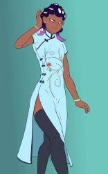 china_dress crossdressing dark-skinned_femboy dark-skinned_male dark_skin femboy male male_focus male_only oc octoling octoling_boy otoko_no_ko phyra_(octoling) purple_hair qipao smirk spicyocean splatoon