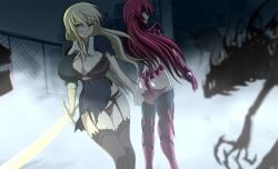 2girls anime_style armor ass big_ass big_breasts big_butt big_hips black_bra black_lingerie black_panties blade blonde_female blonde_hair blue_eyes bra breasts color colored crossover dress female female/female female_only high_school_dxd high_thighs hips huge_breasts large_breasts leo_(senran_kagura) lingerie monster multiple_girls oldhorrorz panties purple_eyes red_hair rias_gremory senran_kagura senran_kagura_(series) senran_kagura_estival_versus senran_kagura_new_wave senran_kagura_peach_beach_splash sword thick_thighs thighhighs thighs tight_clothing torn_clothes torn_clothing torn_dress underwear