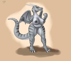 absurd_res anthro areola big_breasts black_areola breasts dragon female genitals hi_res horn huge_breasts nipples nude pussy slightly_chubby smile solo standing testowepiwko thick_thighs wide_hips