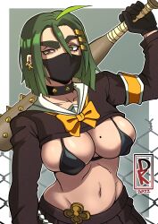 2022 ahoge annoyed baseball_bat bat black_bra borrowed_character bra breasts brown_eyes collar dk_stuff ear_piercing face_mask green_hair large_breasts looking_at_viewer mask midori_(rizdraws) mole mole_on_breast navel original piercing short_hair skirt spiked_collar standing tagme uniform weapon