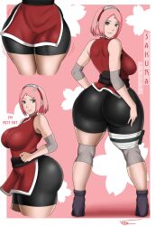 1girls alternate_ass_size alternate_breast_size ass big_ass big_breasts big_butt bike_shorts breasts clothed clothed_female clothing english_text eye_contact female female_only fully_clothed grabbing_own_breast huge_ass light-skinned_female light_skin looking_at_viewer naruto naruto_(series) pink_hair pinup sakura_haruno short_hair shorts solo solo_focus spandex_shorts standing text thick_thighs vn_simp wide_hips