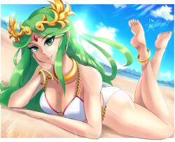 1girls aldafera anklet ass barefoot beach big_ass big_breasts big_butt big_thighs bikini bracelet breasts butt chain_bikini cleavage dat_ass eyebrows_visible_through_hair female female_only green_eyes green_hair holding_head kid_icarus laurel_crown light-skinned_female light_skin lips lipstick long_hair looking_at_viewer lying lying_on_stomach nintendo pale_skin palutena pinup smile solo swimsuit wide_hips