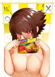 blush breasts brown_hair covering covering_breasts female food glasses highres holding holding_food large_breasts liz_(nin_fake) looking_at_viewer nise_nin original red_eyes short_hair solo topless upper_body