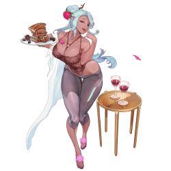 abs breasts cleavage cup dark-skinned_female dark_skin drinking_glass female food full_body game_cg hair_between_eyes highres large_breasts last_origin light light_blue_hair long_hair looking_at_viewer mole mole_on_breast muscle naughty_face navel official_art open_mouth orange_eyes plate rorobomb scathy seductive_smile smile solo tachi-e tongue tongue_out transparent_background wavy_hair wide_hips wine_glass