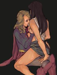 2girls arrowverse blonde_hair closed_eyes clothed dark_hair dc dc_comics female female_only kara_zor-el lena_luthor mostly_clothed multiple_girls supergirl supergirl_(series) superman_(series) yuri yuripirate