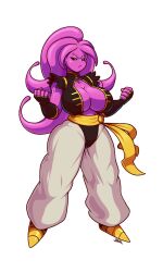 1girls 3:5 5_fingers bare_shoulders big_breasts black_sclera blazbaros breasts clothed clothes clothing dragon_ball dragon_ball_xenoverse dragon_ball_z fan_character female female_majin female_only full_body fully_clothed green_eyes hips huge_breasts humanoid large_breasts majin monster_girl oc original_character purple_body purple_skin simple_background solo solo_female thick thick_thighs thighs white_background wide_hips