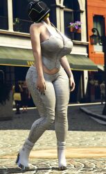 3d absurd_res bare_shoulders black_fingernails female_focus femsub grand_theft_auto grand_theft_auto_online gta_online_female_character helmet high_heels huge_breasts jeans leggings masked_female navel peteypelly pink_hair posing skirt thick_ass thick_thighs