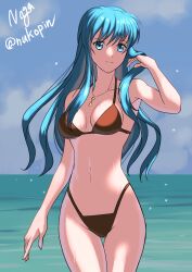 1girls absurdres alternate_costume aqua_eyes aqua_hair ass_visible_through_thighs bangs bare_shoulders bikini black_bikini breasts cowboy_shot eirika_(fire_emblem) eirika_(summer)_(fire_emblem) female female_only fire_emblem fire_emblem:_the_sacred_stones hand_in_own_hair highres jewelry long_hair looking_at_viewer nagasaki_yuko navel necklace nintendo sidelocks smile solo swimsuit twitter_username wet