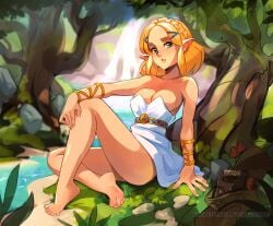 bare_legs bare_shoulders barefoot blonde_female blonde_hair braid breasts breath_of_the_wild casual cleavage clothing feet female humanoid hylian nature off_shoulder outdoors pale_skin pointy_ears princess_zelda river soles squeezable tears_of_the_kingdom the_legend_of_zelda toes tree waterfall white_dress zelda_(tears_of_the_kingdom)