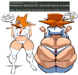 1girls action-coaster_(artist) ass ass_cleavage ass_visible_through_thighs big_ass bimbo bottom_heavy breasts bubble_butt butt_crack dat_ass dialogue fat_ass female female_only freckles hair_over_one_eye huge_ass hyper_bimbo orange_hair panties rachel_(raccoon-girl) shirt shrug small_breasts solo text thick_thighs thighhighs