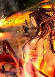 big_breasts chaos_witch_quelaag chosen_undead dark_hair dark_souls detailed_background female female_focus fire fromsoftware knight lava long_hair maneater_mildred mikazuki_akira monster_girl nude nude_female ponytail sideboob smile spider_girl