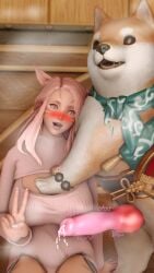 1girls 3d_(artwork) bestiality big_breasts big_penis blush canine canine_penis cat_ears cat_tail catgirl clothed cum cum_drip cum_on_penis edited final_fantasy final_fantasy_xiv gpose(ffxiv) horny knotted_penis light-skinned_female light_skin milf miqo'te oc original_character peace_sign pink_eyes pink_hair precum shiori shiori_rosebrace srosebrace twitching zoophilia