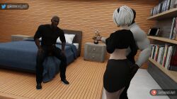 1girls 2boys 3d alien ass ass_in_dress bedroom blonde_hair blowjob blowjob_face blue_eyes breast_grab breasts computer cum_in_mouth dark-skinned_male dark_skin deepthroat desk dress eskandart female huge_cock interracial large_penis light-skinned_female light_skin male nier:_automata nude office_lady penis skirt standing yorha_2b