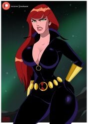 1girls 2d big_breasts black_widow_(earth's_mightiest_heroes) black_widow_(marvel) bodysuit busty cleavage curvy female female_only fit fit_female ghostlessm heroine hourglass_figure huge_breasts human human_only large_breasts legs light-skinned_female light_skin lips long_hair marvel natasha_romanoff outside red_hair solo solo_female superheroine the_avengers:_earth's_mightiest_heroes unzipped unzipped_bodysuit voluptuous waist wide_hips