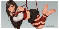 1girls angry arms_behind_back bare_legs barefoot big_breasts bondage bound captured damsel_in_distress dark_brown_hair exposed female_only femsub final_fantasy final_fantasy_vii final_fantasy_vii_remake fully_clothed looking_at_viewer midriff rainnear red_eyes restrained rope rope_bondage skirt solo sports_bra suspension suspension_bondage tank_top thick_thighs tied_up tifa_lockhart toes very_long_hair worried