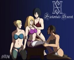 4girls aatkaw annie_leonhardt attack_on_titan clothed historia_reiss lingerie_only mikasa_ackerman multiple_girls shingeki_no_kyojin ymir_(shingeki_no_kyojin) yuri