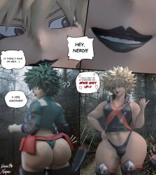 2boys 3d big_ass big_ass_(male) black_lipstick black_thong femboy hero_outfit_(mha) izuku_midoriya katsuki_bakugou male male_only my_hero_academia thick_thighs thong xcapism xscapism yaoi