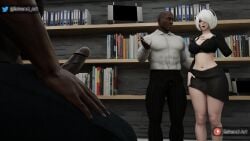 1girls 2boys 3d alien bedroom blonde_hair blowjob blowjob_face blue_eyes breast_grab breasts computer cum_in_mouth dark-skinned_male dark_skin deepthroat desk dress eskandart female huge_cock interracial large_penis light-skinned_female light_skin male nier:_automata nude office_lady penis standing yorha_2b
