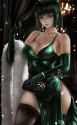 1girls arm_up bangs bare_shoulders big_breasts bob_cut breasts busty cleavage clothed clothing coat collarbone curvaceous curvy curvy_body curvy_female curvy_figure dark_green_hair dark_hair dress earrings exposed_thighs eye_contact eyelashes female female_focus female_only fringe front_view fubuki_(one-punch_man) gloves green_eyes green_hair hips jewelry large_breasts legs light-skinned_female light_skin lips lipstick looking_at_viewer medium_hair necklace one-punch_man pearl_necklace short_hair slim slim_waist smile smiling smiling_at_viewer smirk solo solo_female solo_focus standing stockings thick thick_legs thick_thighs thighs thin_waist tight_clothing voluptuous waist weisart wide_hips