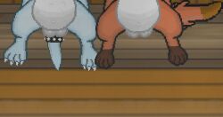 animated balls belly bench canid canine claws cuff_(restraint) feral fox fur genitals hands_behind_back male mammal orange_body orange_fur paws restraints sauna short_playtime sitting_together steam tail_cuff tail_motion tailwag vore vorochi white_balls white_belly wood_floor