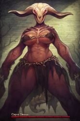 alternate_version_available anthro areola_slip big_breasts bikini bone bone_tail capra_demon cyancapsule dark_souls demon demon_girl female female_only fromsoftware horns humanoid loincloth looking_at_viewer low-angle_view monster monster_girl muscular muscular_female painting_(artwork) red_eyes scars skull skull_head standing tail thick_thighs underboob weapon