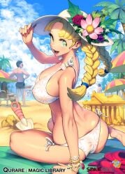 aristotle_(qurare) beach bikini blonde_hair blue_sky bracelet braid braided_hair cloud flower green_eyes hat looking_at_viewer ningu outside qurare:_magic_library sand shovel tree umbrella