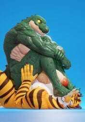 2022 3d_(artwork) anthro anthro_on_anthro balls big_balls big_muscles big_penis blue_background claws connivingrat crocodile crocodilian crocodylid digital_media_(artwork) duo feet feet_in_face felid foot_fetish foreskin fur gay genitals helm_(connivingrat) hi_res humanoid_feet humanoid_genitalia humanoid_penis lying male male/male male_on_bottom male_on_top male_only mammal muscular muscular_anthro muscular_male nipples non-mammal_balls non-mammal_nipples nude obliques on_back on_bottom on_top one_eye_closed pantherine pecs penis plantigrade reptile scales scalie simple_background sitting soles stead_(connivingrat) teeth thick_thighs tiger tuft yaoi