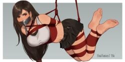 1girls angry arms_behind_back bare_legs barefoot big_breasts bondage captured damsel_in_distress dark_brown_hair female_only femsub final_fantasy final_fantasy_vii final_fantasy_vii_remake fully_clothed gag gagged looking_at_viewer midriff rainnear red_eyes restrained rope_bondage skirt solo sports_bra suspension tank_top tape_gag taped_mouth thick_thighs tifa_lockhart toes very_long_hair