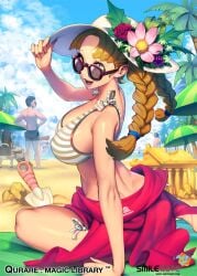 aristotle_(qurare) beach bikini blonde_hair blue_sky bracelet braid braided_hair cloud flower green_eyes hat looking_at_viewer looking_over_eyewear looking_over_glasses looking_over_sunglasses ningu outside qurare:_magic_library sand shadow shovel sunglasses tinted_eyewear tree umbrella