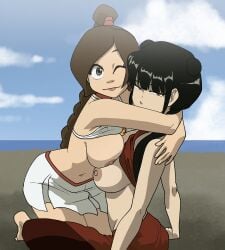 2girls :p absurd_res arm_support asian_female asymmetrical_docking avatar_the_last_airbender barefoot beach big_breasts bikini bikini_top_lift black_hair blunt_bangs braid breasts_on_breasts breasts_out breasts_together breasts_touching brown_hair busty casual_nudity choker coolerinker dark_nipples day deadpan exposed_breasts female_only fire_nation friends full_body glare glomp grey_eyes happy huge_breasts hugging inker_comics inkershike large_breasts light-skinned_female long_hair looking_at_viewer mai_(avatar) multiple_girls nude_female outdoor_nudity outdoors playful sitting_on_ground skorts swept_bangs swimsuit swimsuit_lift tongue tongue_out top_lift twintails ty_lee wholesome winking yellow_eyes