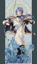 art_nouveau bishonen blue_hair boots bulge clothed_male edmond_(nu:_carnival) flowers jewelry lara_yokoshima long_hair male_only nu:_carnival sword twunk