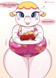 animal_crossing anthro big_breasts breasts cherry_pie cleavage commission_art looking_at_viewer mammal margie_(animal_crossing) nintendo panties speech_bubble startop text watermark