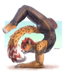 anthro ass barefoot big_butt blush bulge cheetah cheetahpaws cheetahpaws_(character) clothed clothing erection erection_under_clothing feet felid feline genital_outline hi_res male male/male mammal penis_outline scorpion_(position) solo tight_clothing yoga