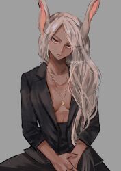 1girls business_suit business_woman cleavage dark-skinned_female dark_skin elegant kadeart miruko model my_hero_academia necklace pantsuit rabbit_ears red_eyes rumi_usagiyama silver_hair solo solo_female suit white_hair