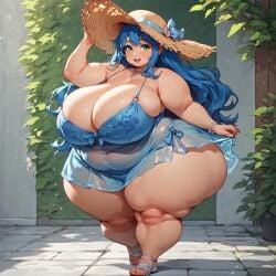 ai_generated alternate_body_type bbw big_breasts blue_dress blue_hair blueberry_(shiin) bottom_heavy civitai curvaceous curvy curvy_female curvy_figure fat_ass fat_breasts fat_tits fat_woman high_heels hyper_ass hyper_breasts round_ass round_belly shiin_(ai_generated) shiin_(art_style) shortstack ssbbw sunhat thick_ass thick_legs thick_thighs top_heavy transparent_clothing