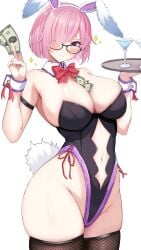 ass breasts bunny_ears bunny_girl bunnysuit club fake_animal_ears fate/grand_order fate_(series) glasses huge_ass imomaya large_breasts leotard mash_kyrielight money pink_hair playboy_bunny serving_tray short_hair smile smug thick_thighs thighs