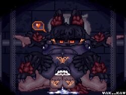 animated bag_over_head dark-skinned_female dominant_female forced_impregnation held_down hellhound_(monster_girl_encyclopedia) impregnation lactation large_breasts pixel_art pregnant_female pubic_tattoo reverse_rape submissive_male vak_(artist)