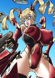 1girls aiming armor big_breasts blue_eyes breasts busty claire_harvey covered_navel covered_nipples drill_hair female female_only gloves gun hand_on_hip highres huge_breasts hundred legs leotard long_hair open_mouth pose posing solo thick_thighs thighs twin_drills weapon