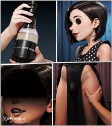 ai_generated black_dress black_hair bulge bulge_through_clothing censored comic coraline cum cum_bottle cum_collecting cum_in_mouth dickgirl dominant_futanari futa_is_bigger futa_on_male futanari incest mother mother_and_child mother_and_son other_mother parodies.ai size_difference submissive_male thighs young