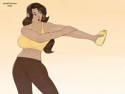 applying_lotion arm_across_chest brown_hair brown_pants brown_skin closed_mouth cowboy_shot female freckles gold_earrings half-closed_eyes hand_on_own_arm hoop_earrings jamesab looking_to_the_side lotion lotion_bottle outstretched_arm rachel_(eachminister) reaching sports_bra standing wavy_hair yellow_sports_bra