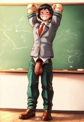 1boy ai_generated black_hair black_pubic_hair blush boku_no_hero_academia casual_nudity classroom clothed cum dripping gay hands_behind_head hanta_sero joints looking_at_viewer male male_only my_hero_academia nervous nervous_smile penis penis_out precum precum_drip presenting presenting_penis pubic_hair public_exposure public_nudity solo_male sweat testicles uniform vin799 yaoi